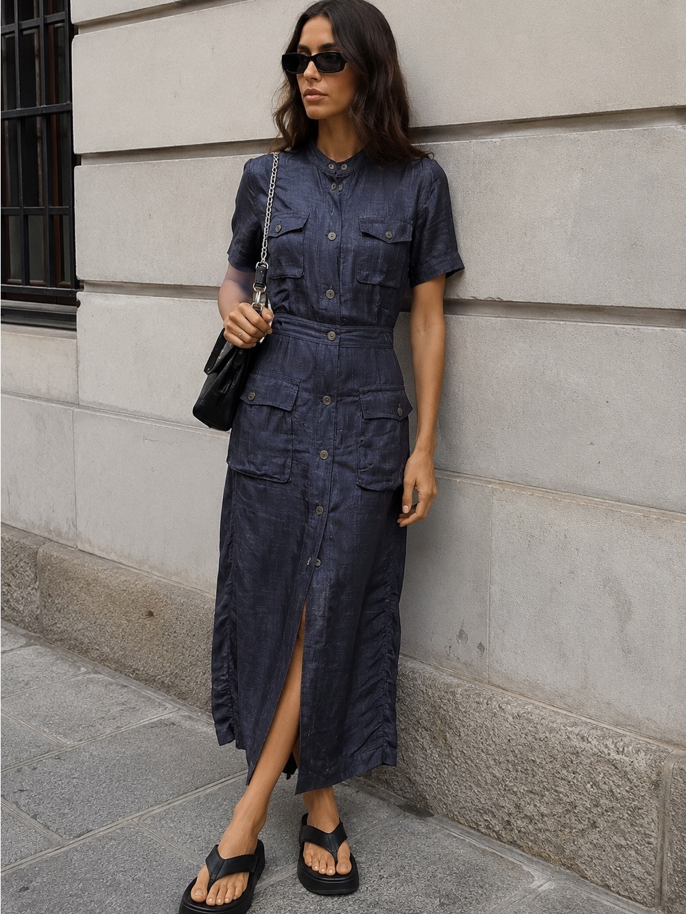 Vintage Dries Van Noten Navy Blue Button Front Midi Dress size 4